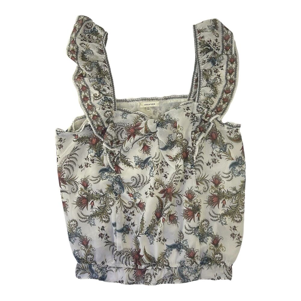 Max Studio Ivory Floral Chiffon Crop Top Blouse Sleeveless Lined Boho Women’s XL